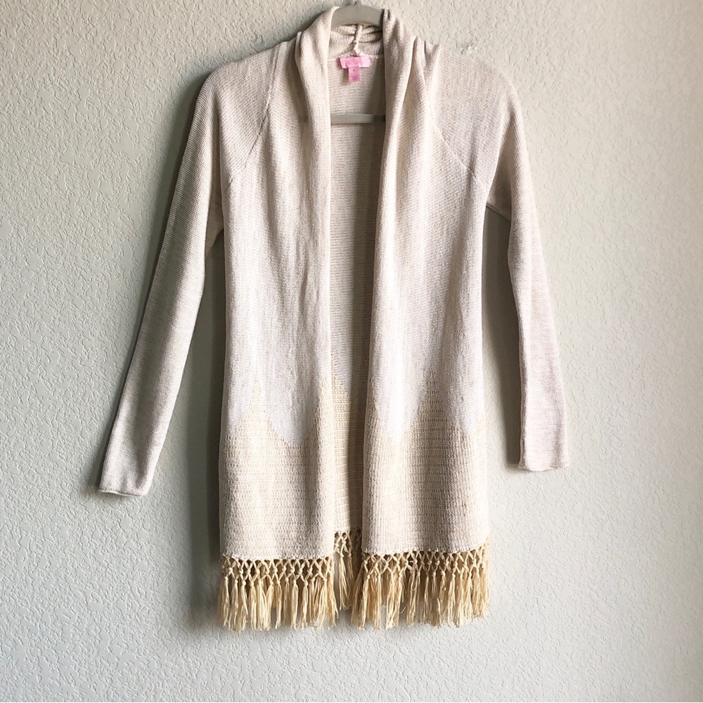 Lilly Pulitzer Tatum Long Fringe Hem Cardigan Open Front Metallic 24439